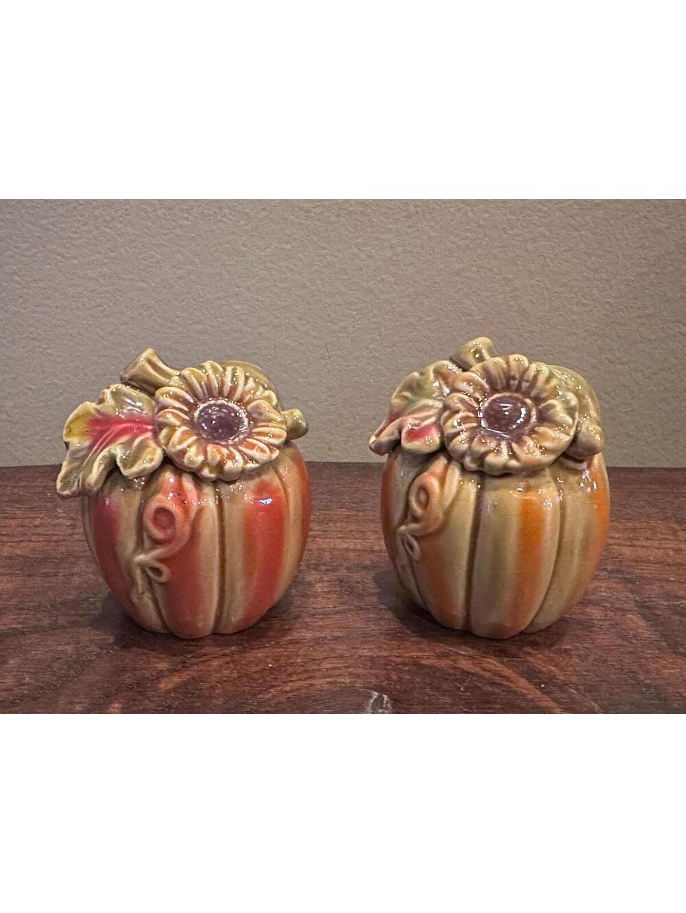 Vintage Pumpkin Salt and Pepper Shakers with Sunflowers and Fall Leaves